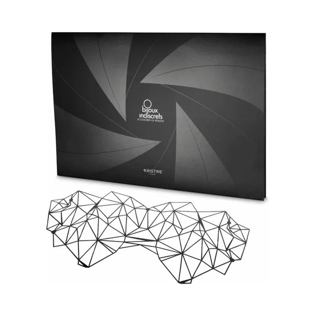 angular black Kristine vinyl eye-mask decal with geometric line pattern below black envelope
