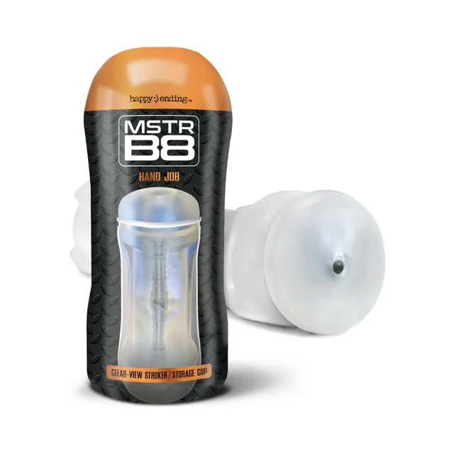 MSTR B8 Hand Job stroker cup beside white removable cap