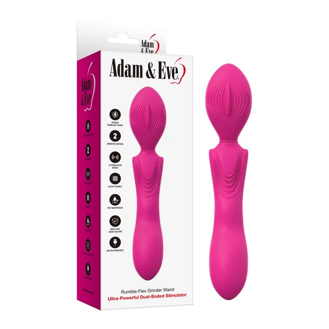 Adam and Eve Rumble-Flex hot pink wand beside white and magenta retail box