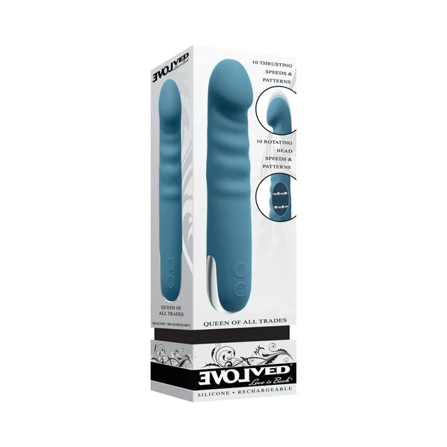 Evolved Queen of All Trades teal vibrator in retail packaging