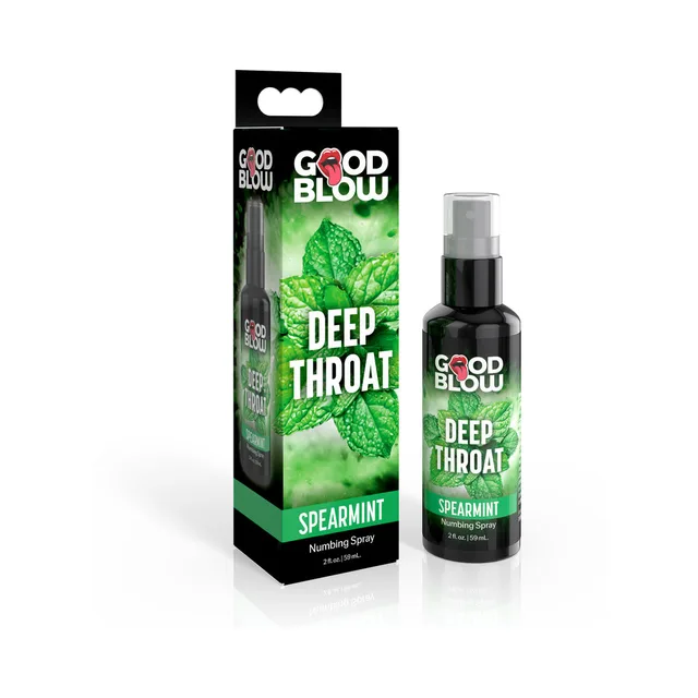 XR Brands Good Blow spearmint 1 oz oral spray pump bottle beside green and black carton