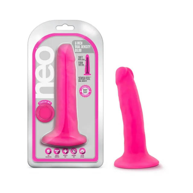 Neon pink Neo 6-inch dildo with clear retail package