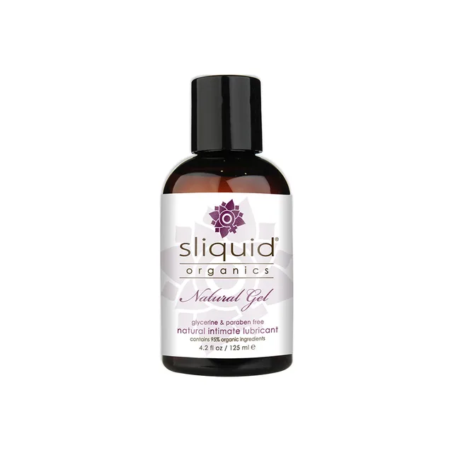 Amber 4.2 oz Sliquid Organics Natural Gel bottle with black cap and purple label