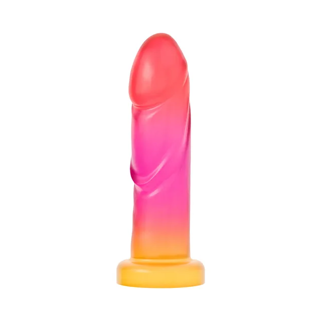 Blush Avant Artisan Sunburst gradient silicone dildo straight front view with yellow circular suction base