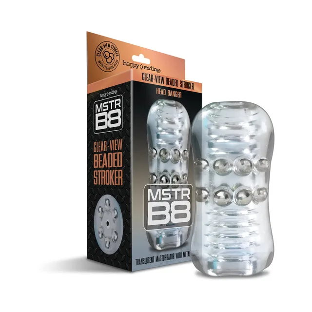 MSTR B8 Head Banger clear beaded stroker beside retail box