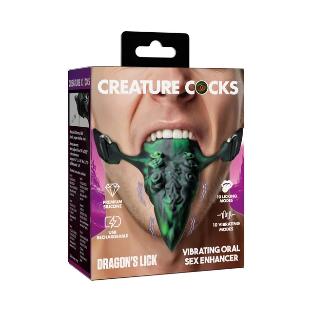 XR Brands Creature Cocks Dragon's Lick harness retail box with green-and-black tongue piece pictured
