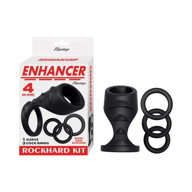 black ribbed Enhancer sleeve and three rings beside white Rockhard Kit box