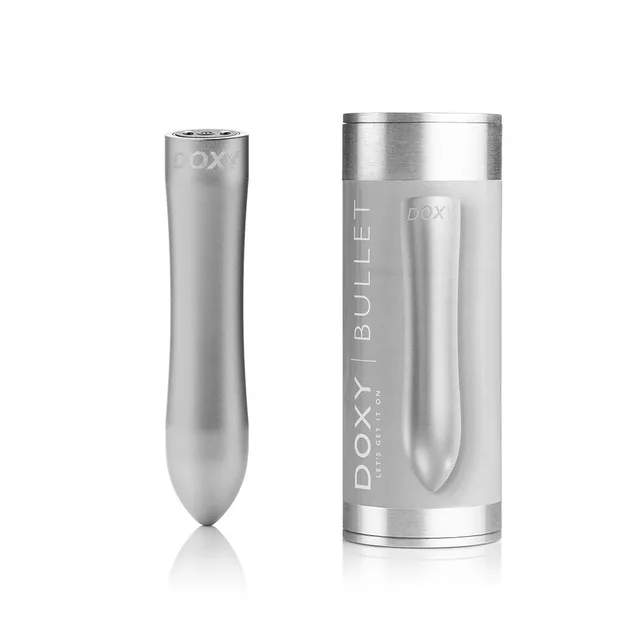 Silver Doxy Bullet beside cylindrical storage case