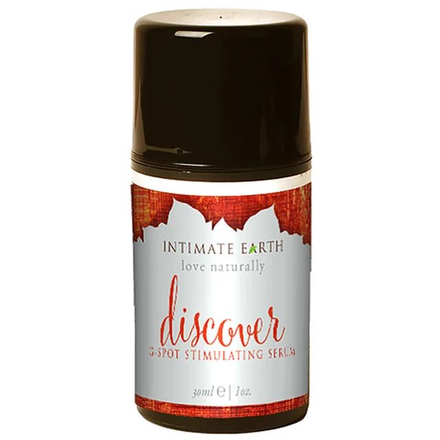 Intimate Earth Discover Serum dark 1 oz roll-on bottle with red white label