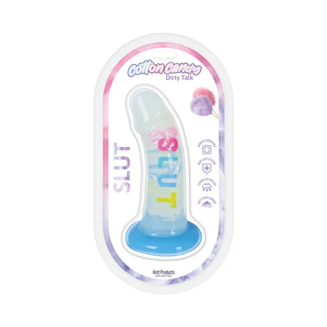 Blue Cotton Candy Slut silicone dildo in clear oval case