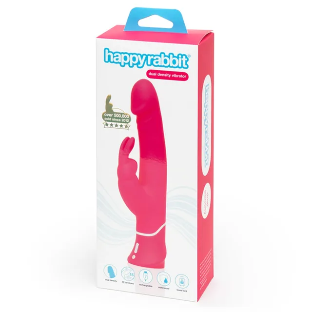 Hot pink Happy Rabbit dual-density vibrator in white retail box