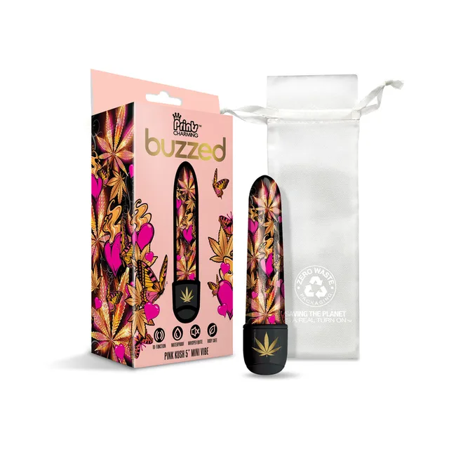 Buzzed Pink Kush mini vibrator with box and storage bag