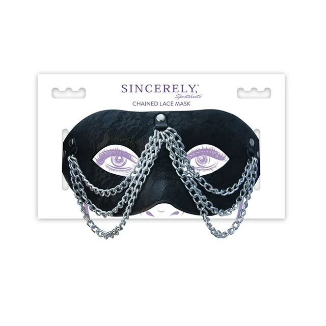 Sportsheets Sincerely black chained lace mask inside wide white-and-purple retail card