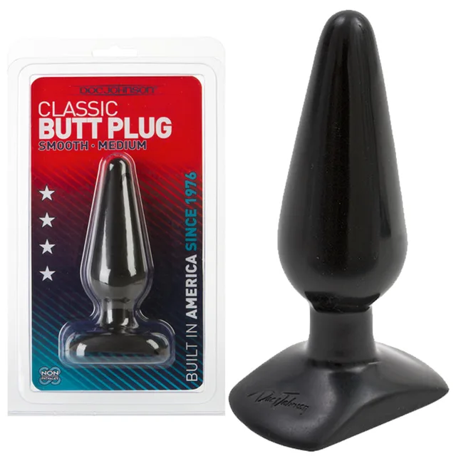 Doc Johnson medium black Classic Butt Plug in clamshell