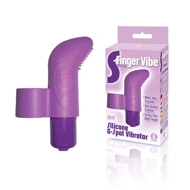 Purple S-Finger vibrator with finger loop beside matching purple box