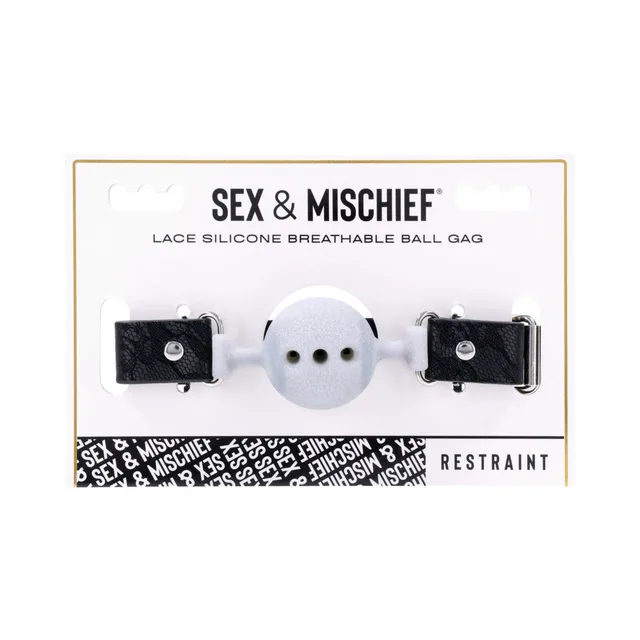Sportsheets ball gag with ventilated white silicone ball and black lace straps