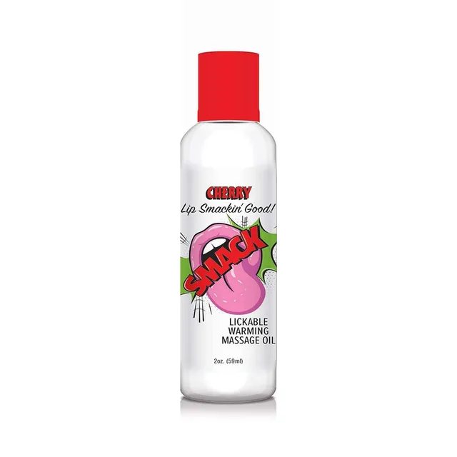 Smack Cherry massage oil in clear bottle with red cap