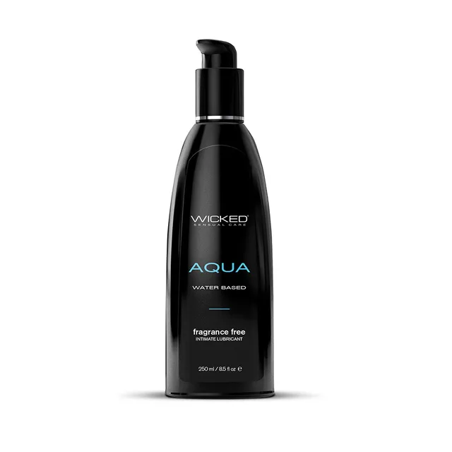 Wicked Aqua Water-Based Lubricant 8.5 oz curved black pump bottle front with turquoise label