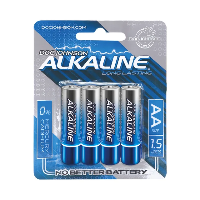 Blue Doc Johnson alkaline retail card with four AA batteries