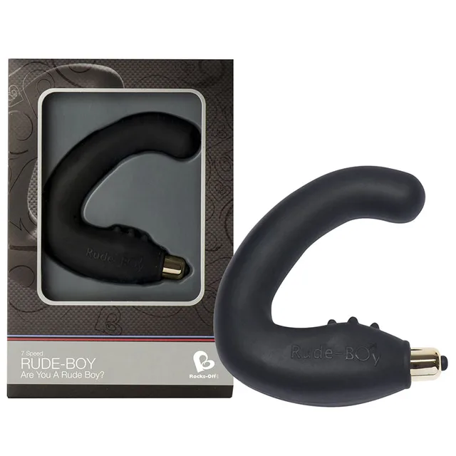 Black Rocks-Off Rude Boy curved dual-ended vibrator beside its retail box