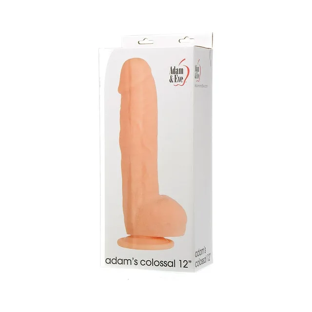Adam & Eve Colossal 12-inch beige dildo upright beside white retail box