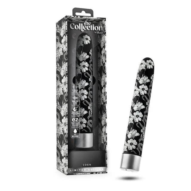 black floral The Collection Eden vibrator beside patterned box
