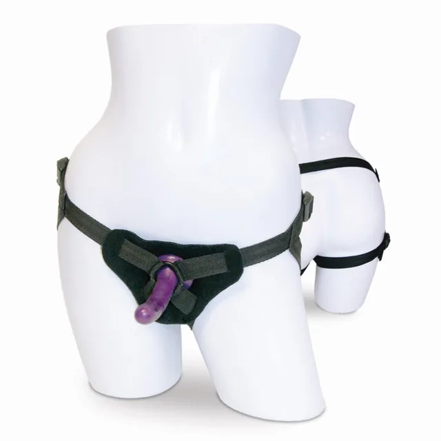 Sex and Mischief Strap-On Kit black harness fitted with purple dildo