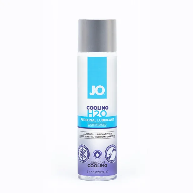 Front of 4 oz System JO H2O Cooling bottle with blue label and silver pump