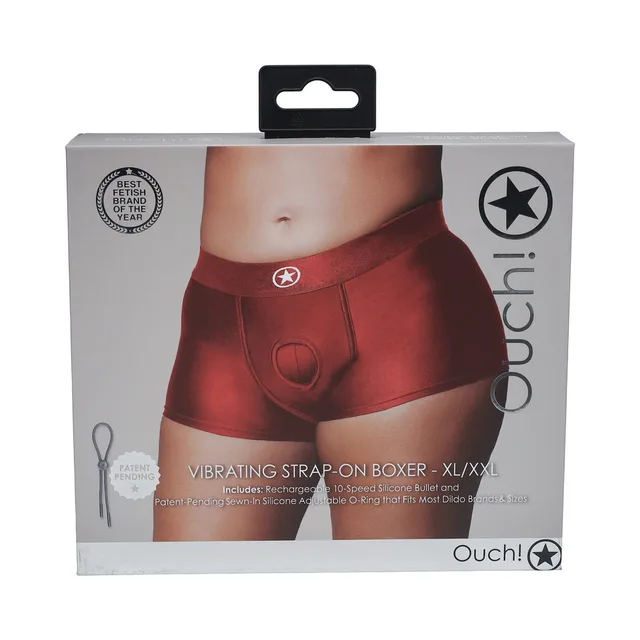 red Ouch vibrating strap-on boxer XL/2XL pictured on gray box