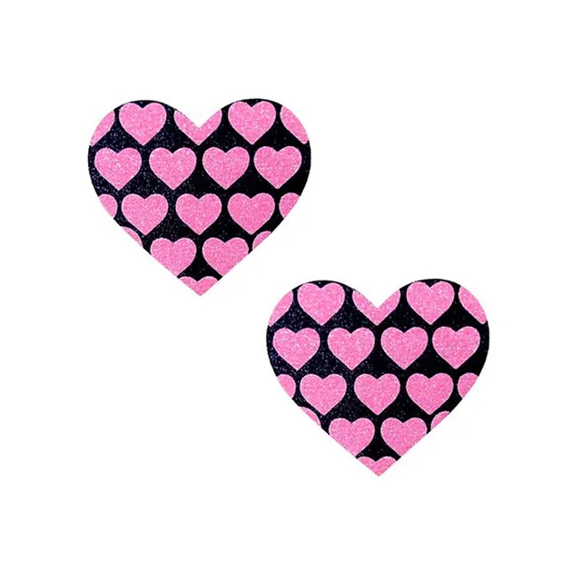 Pair of Neva Nude black glitter pasties with repeating pink hearts