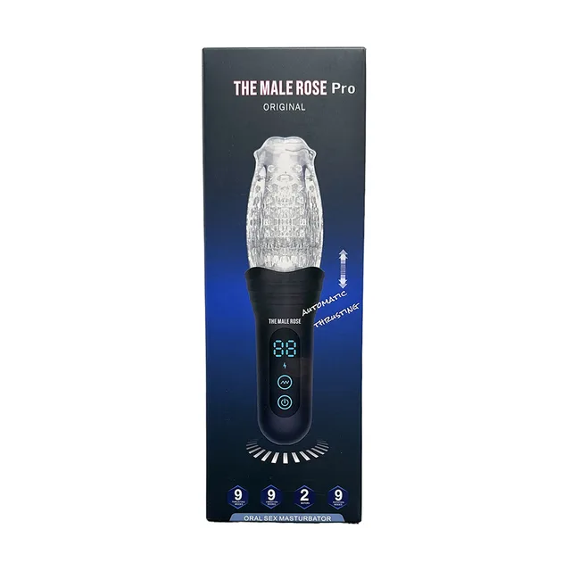 The Male Rose Pro black digital masturbator with clear textured cup on tall box