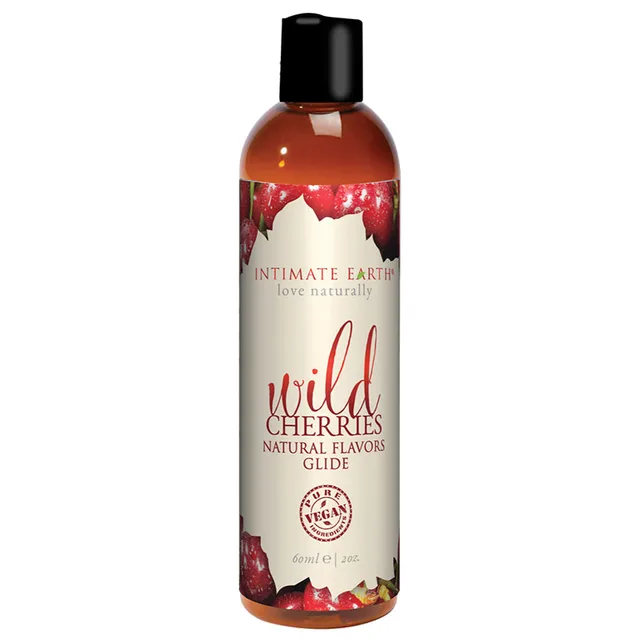 Intimate Earth Wild Cherries 2-ounce liquid upright bottle with black cap and red cherry artwork label