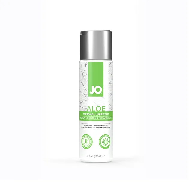 4 oz System JO Aloe water-based lubricant in silver bottle with green label