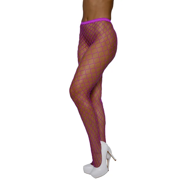Dreamgirl neon-magenta high-waist fence-net pantyhose front-side leg view