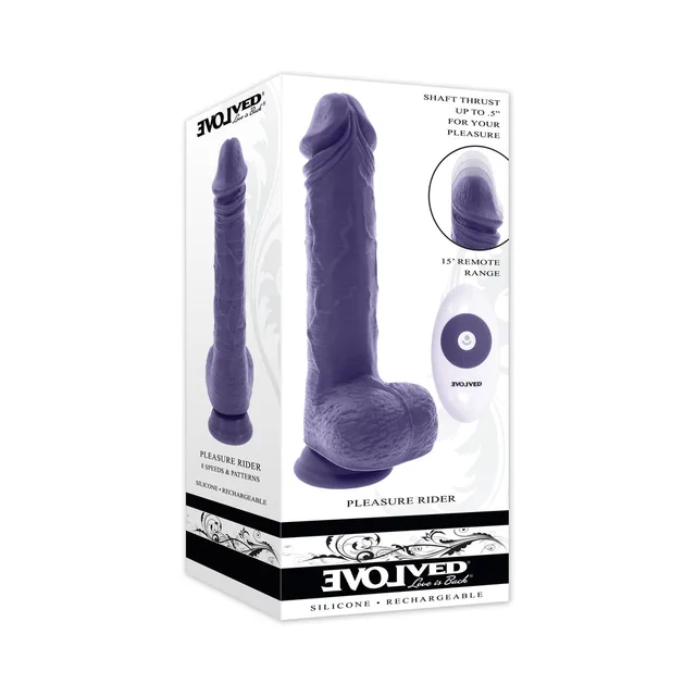 Evolved Pleasure Rider purple remote-controlled dildo with handheld remote in retail box