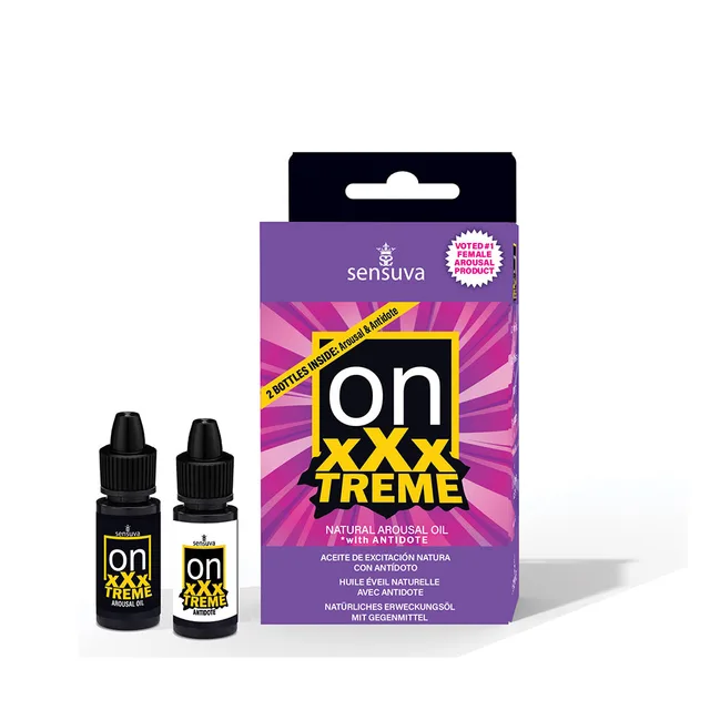 Two On xXxTreme 5 ml dropper bottles beside purple window box