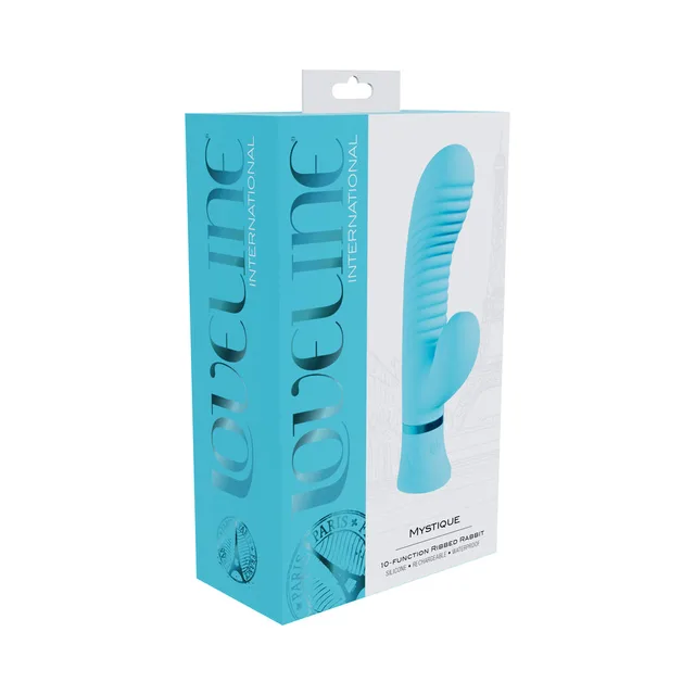 Blue Loveline Mystique ribbed rabbit vibrator in turquoise box