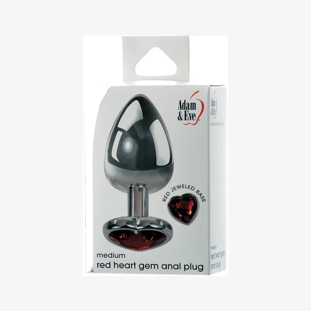 Adam & Eve Red Heart Medium metal anal plug shown inside white retail box