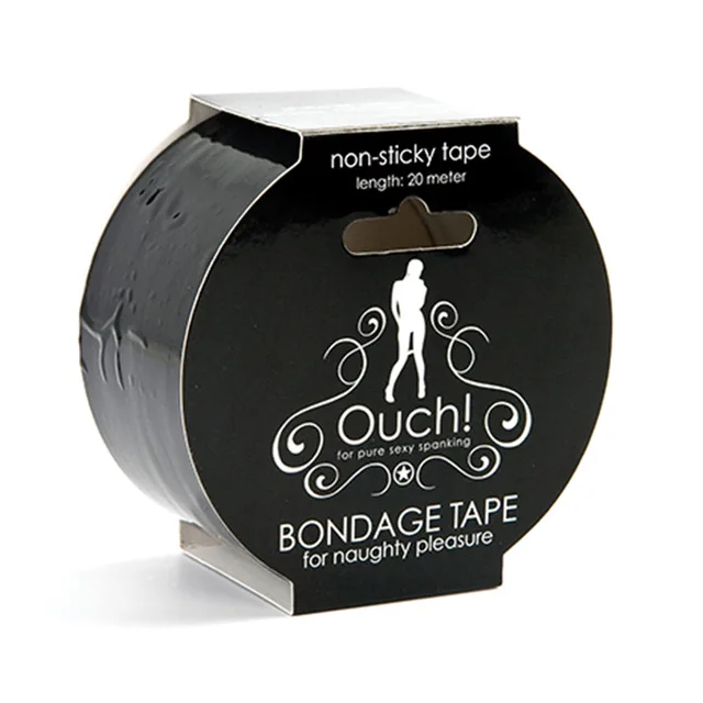 Black Ouch 20-meter bondage tape roll in round retail carton