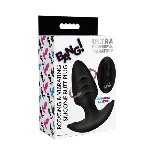 BANG black rotating vibrating silicone plug with remote pictured on carton