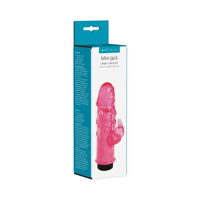hot pink Me You Us Mini Jack rabbit vibrator with textured shaft in teal box