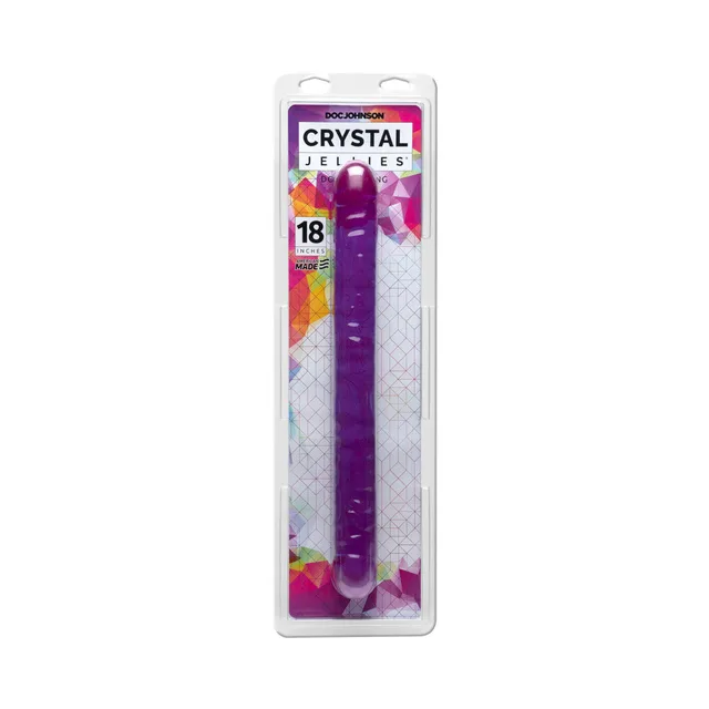 Purple 18-inch Crystal Jellies Double Dong in long clear retail packaging