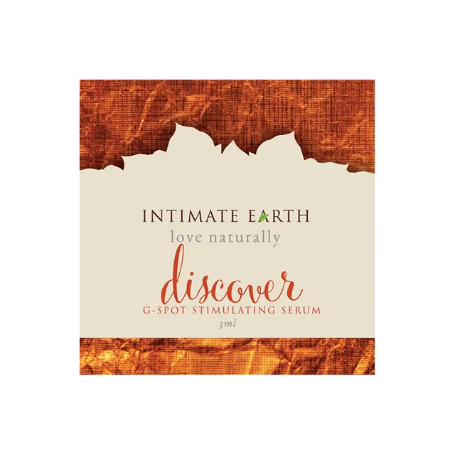 Intimate Earth Discover 3 ml Foil Sample cream square packet with brown textured border
