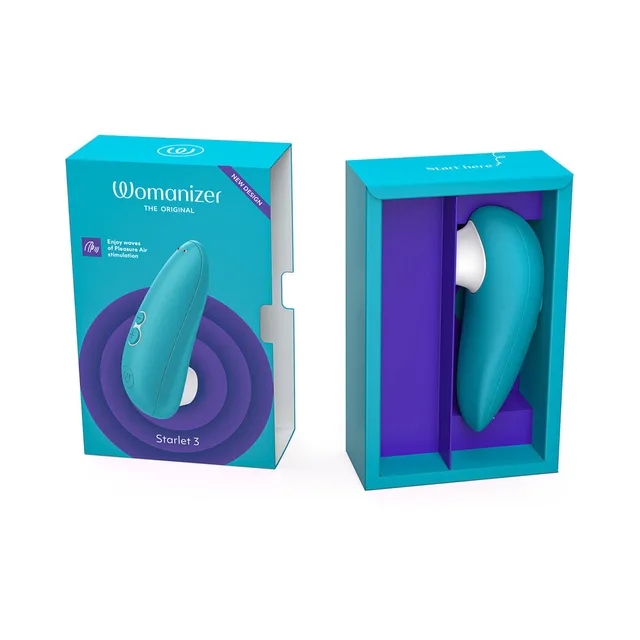 Open retail box displaying turquoise Womanizer Starlet 3