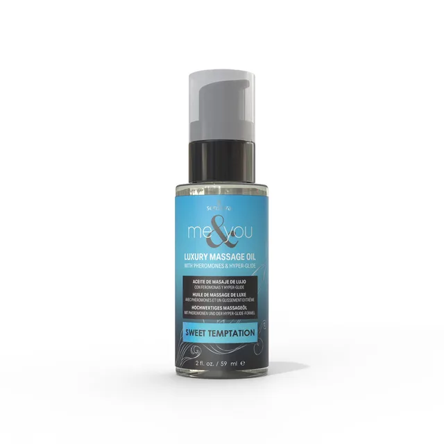 Sensuva Me and You Sweet Temptation massage oil in blue pump bottle