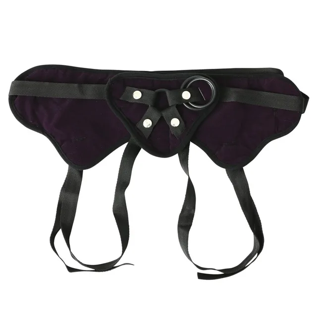 Sportsheets Plus Size Plush Harness purple front panel and black adjustable straps laid flat
