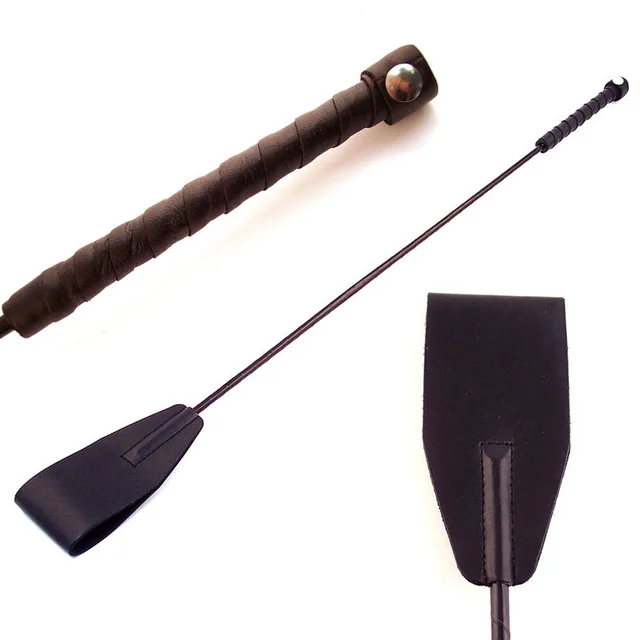 Rouge Black Braided Leather Riding Crop full crop with close-ups of wrapped grip and rectangular tip
