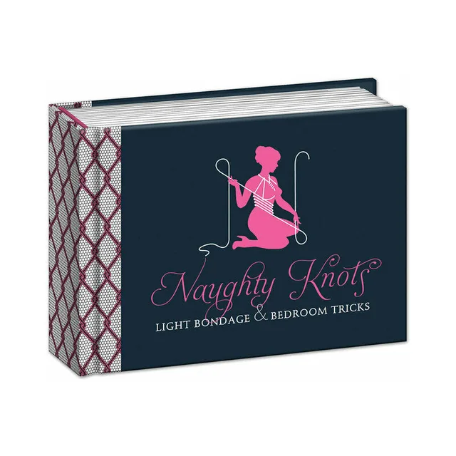 dark blue Naughty Knots hardcover with pink rope illustration and ribbon binding