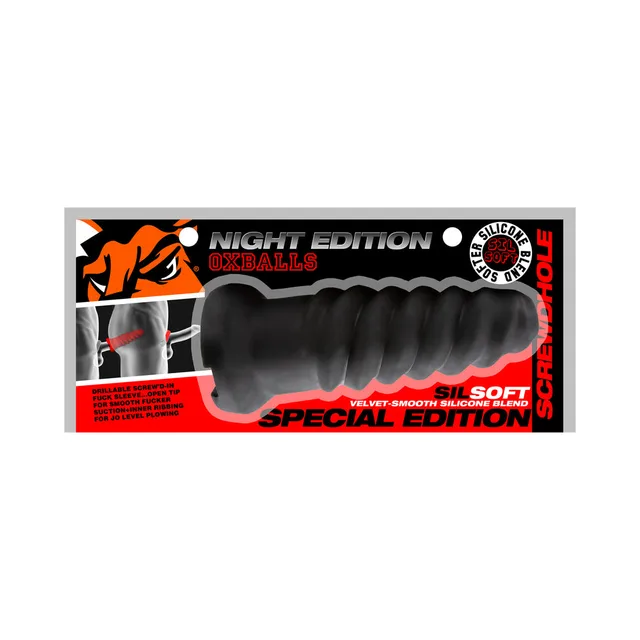Oxballs Screwdhole Night black spiral-ribbed open-tip sleeve