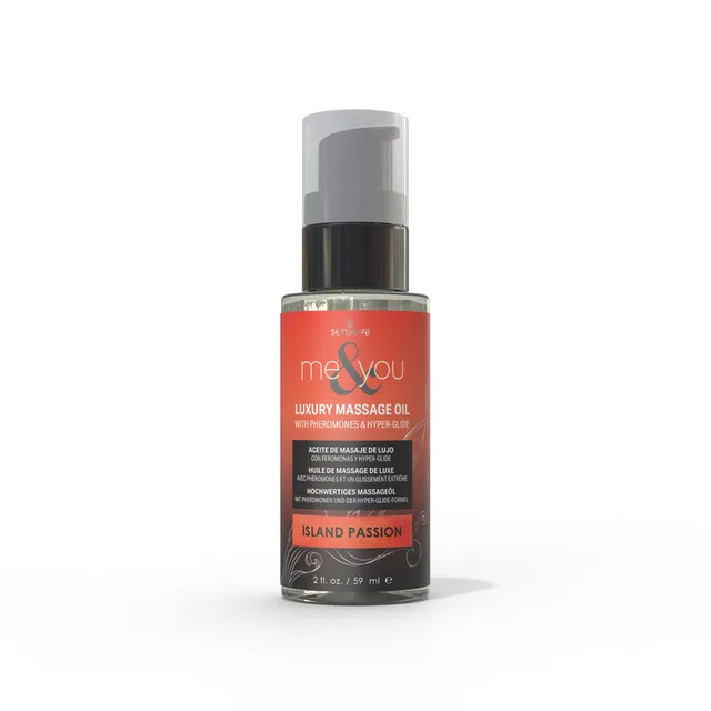 Sensuva Me and You Island Passion massage oil in orange red pump bottle